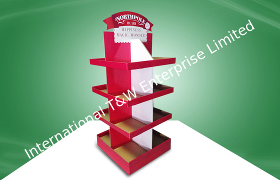 İyi bir fiyat. Red Eco-friendly Corrugated Cardboard Free Standing Display Units Four Shelves Shinning Offset Printing çevrimiçi